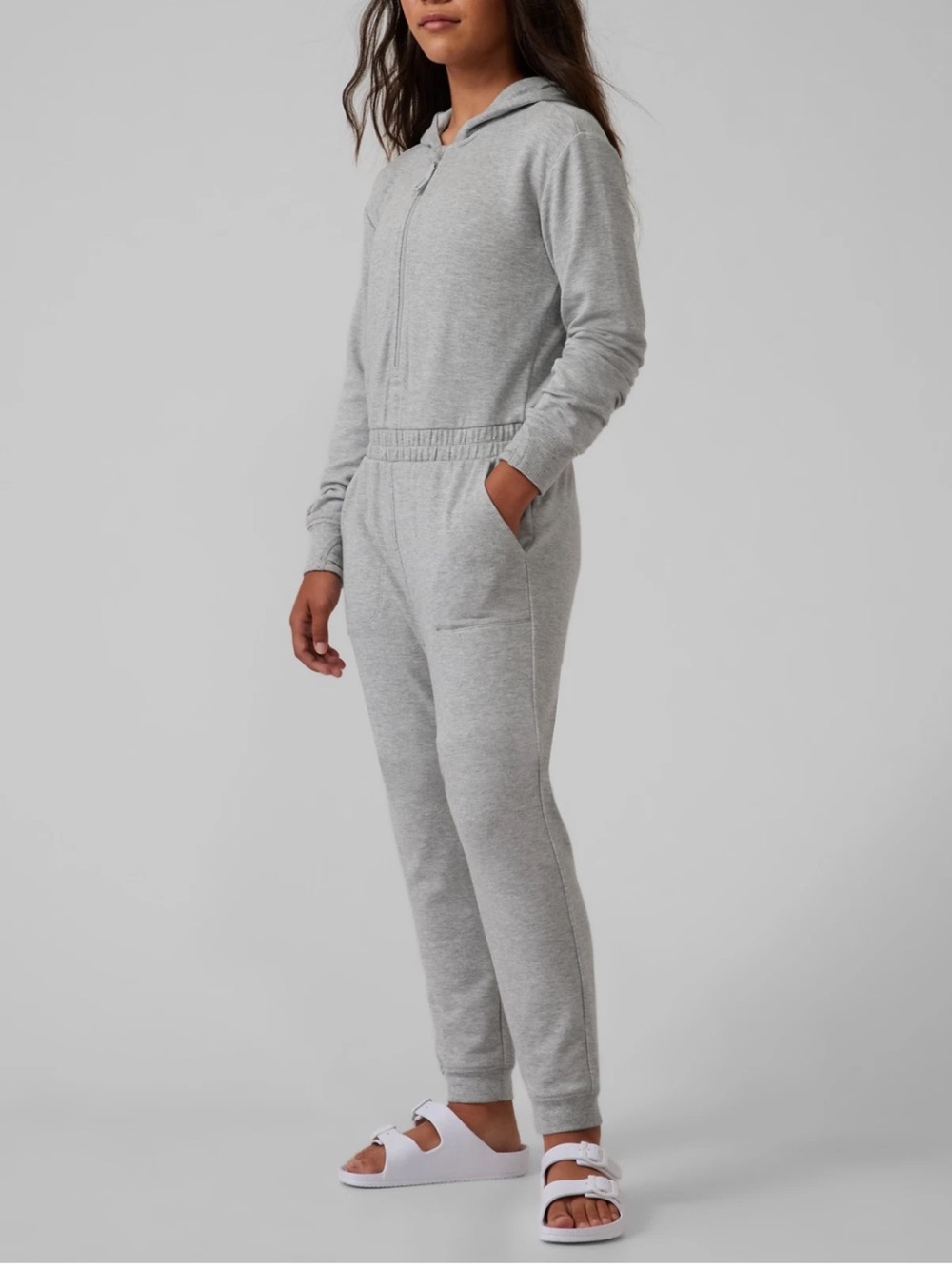 Athleta Girl Onesie of a Kind Heather Gray Long Sleeve Hooded Jumpsuit Size L/12